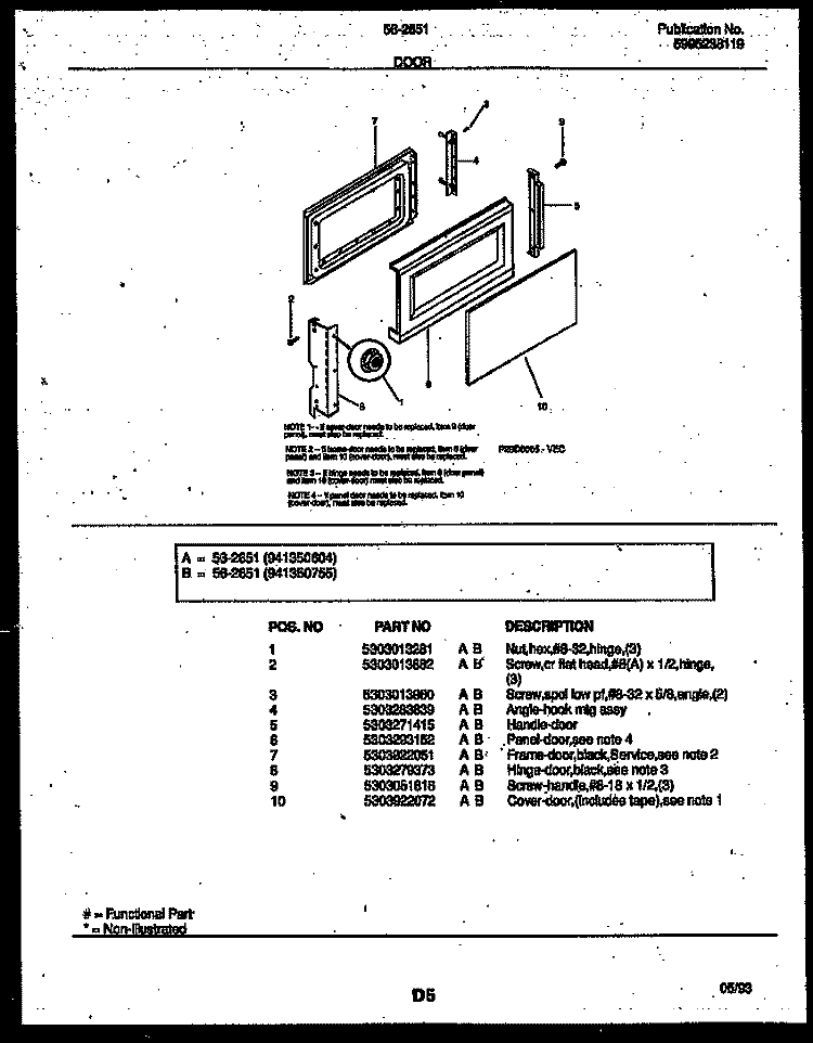 DOOR PARTS Diagram and Parts List for 56-2651-10-04  Tappan Microwave