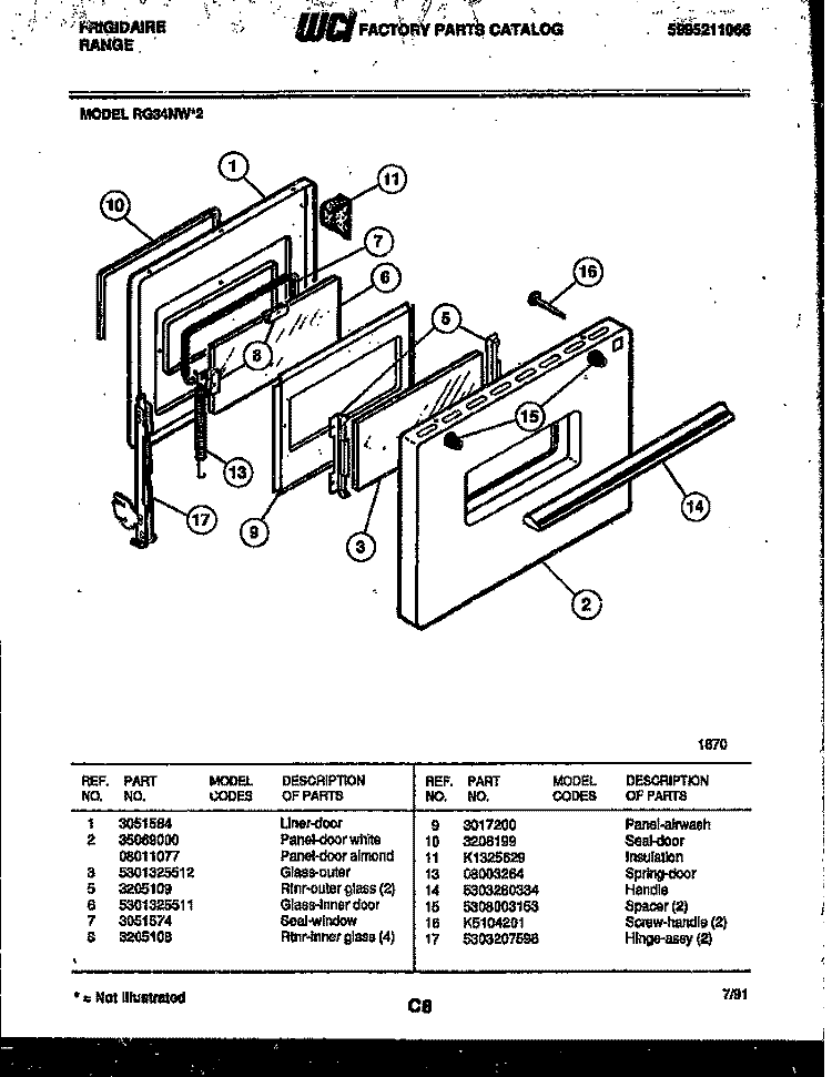 DOOR PARTS Diagram and Parts List for RG34NW2  Frigidaire Range