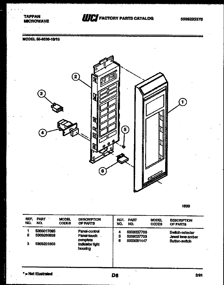 CONTROL PANEL Diagram and Parts List for 56-9338-10-15  Tappan Microwave