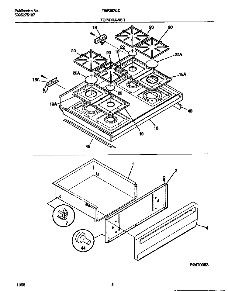 TOP / DRAWER Diagram and Parts List for TGF357CCTB  Tappan Range