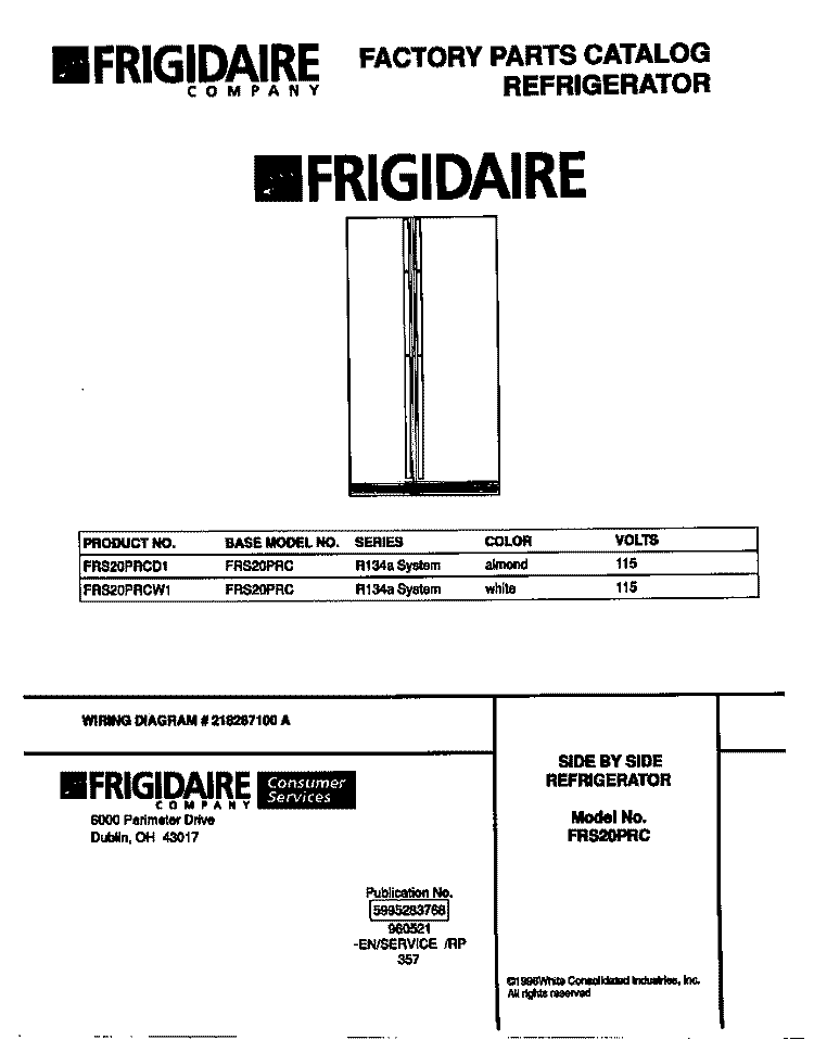 COVER Diagram and Parts List for FRS20PRCW1  Frigidaire Refrigerator