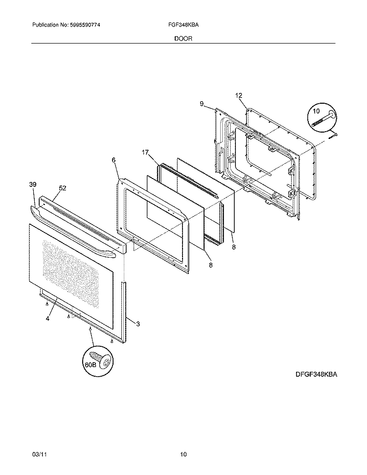 DOOR Diagram and Parts List for FGF348KBA  Frigidaire Range