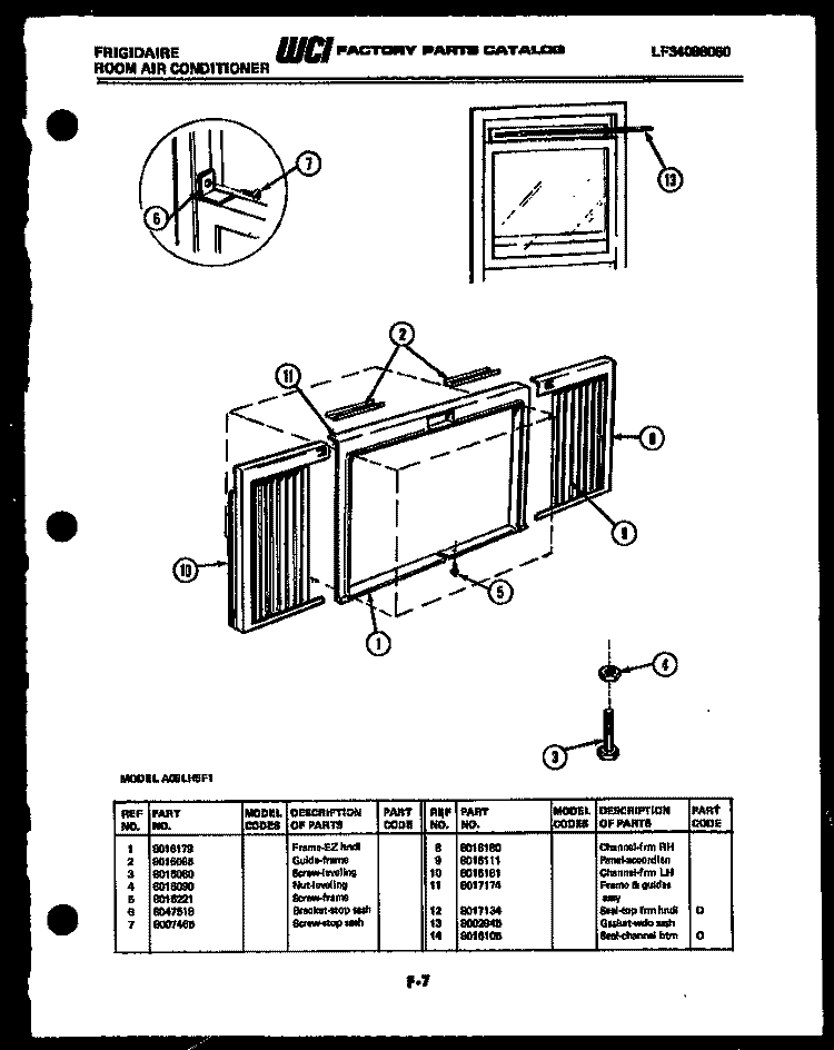 WINDOW MOUNTING PARTS Diagram and Parts List for A05LH5F1  Frigidaire Air Conditioner