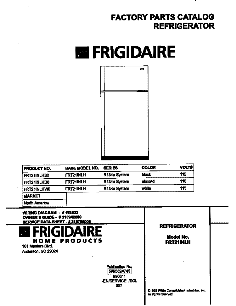 COVER Diagram and Parts List for FRT21INLHB0  Frigidaire Refrigerator