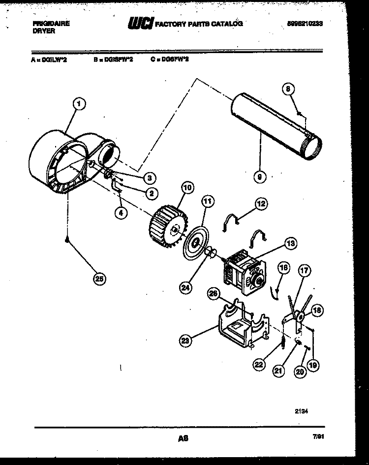 BLOWER AND DRIVE PARTS Diagram and Parts List for DGILW2  Frigidaire Dryer