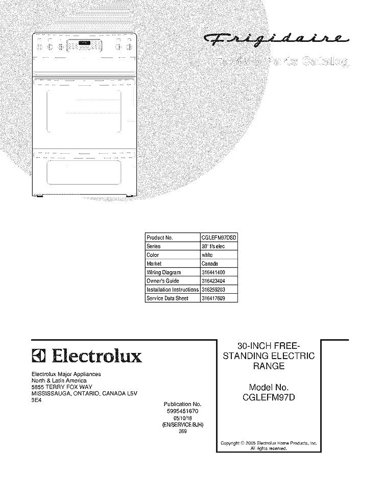 COVER Diagram and Parts List for CGLEFM97DSD  Frigidaire Range