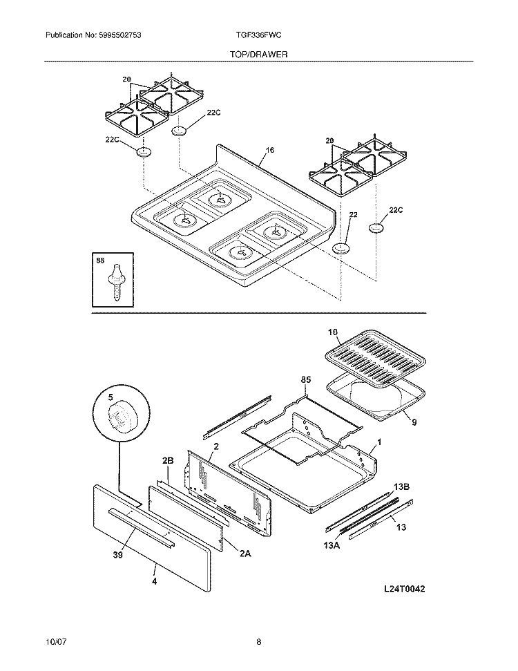TOP / DRAWER Diagram and Parts List for TGF336FWC  Tappan Range