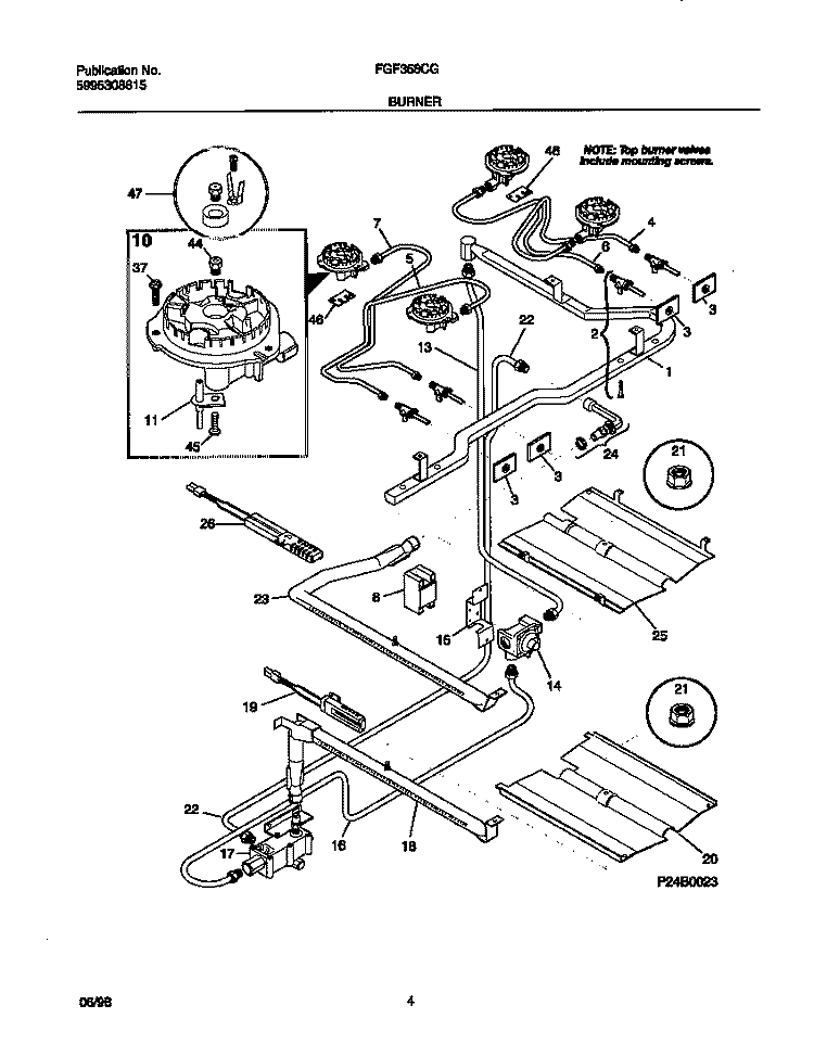 BURNER Diagram and Parts List for FGF358CGSA  Frigidaire Range