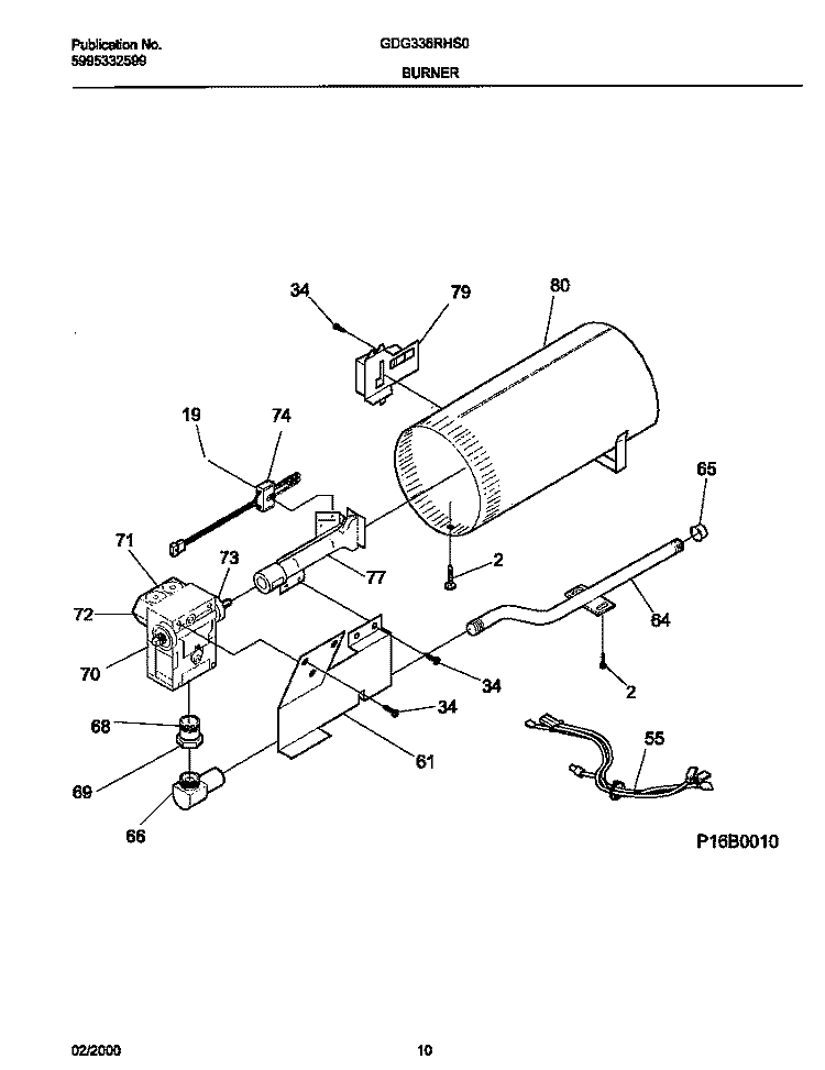 P16B0010 BURNER, VALVE Diagram and Parts List for GDG336RHS0  Gibson Dryer