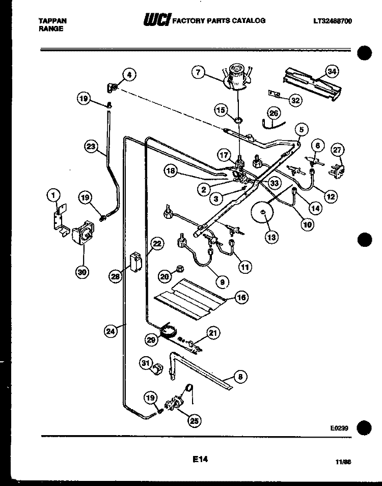 BURNER PARTS Diagram and Parts List for 30-2238-00-02  Tappan Range