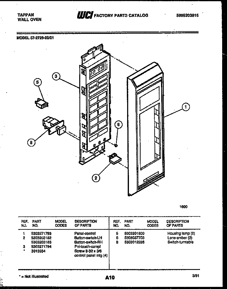 CONTROL PANEL Diagram and Parts List for 57-2729-00-01  Tappan Microwave Oven Combo