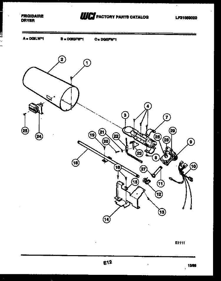 BURNER, IGNITER AND VALVE Diagram and Parts List for DGILW1  Frigidaire Dryer