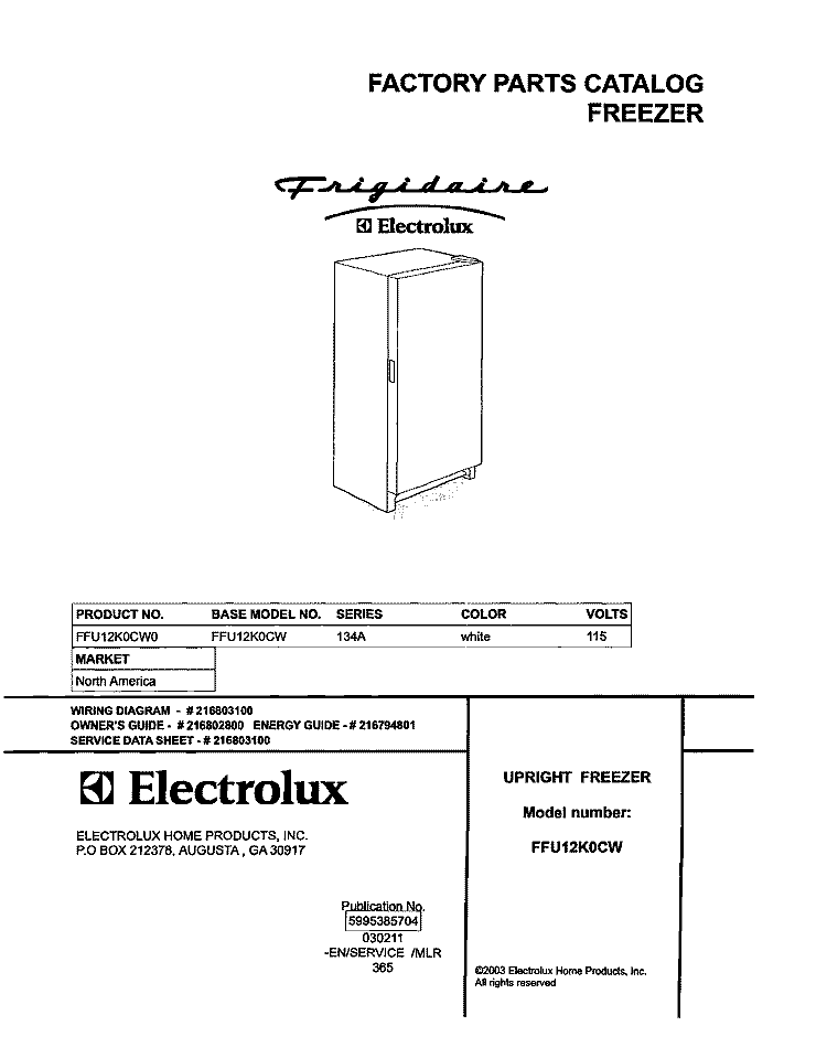 COVER Diagram and Parts List for FFU12K0CW0  Frigidaire Freezer