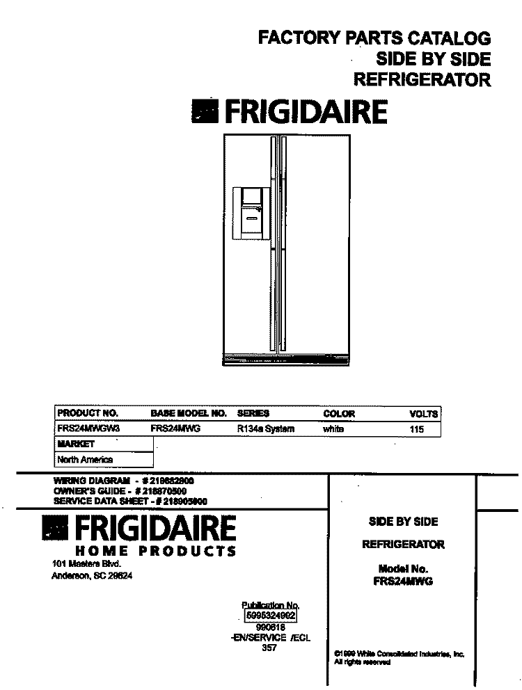 COVER Diagram and Parts List for FRS24MWGW3  Frigidaire Refrigerator