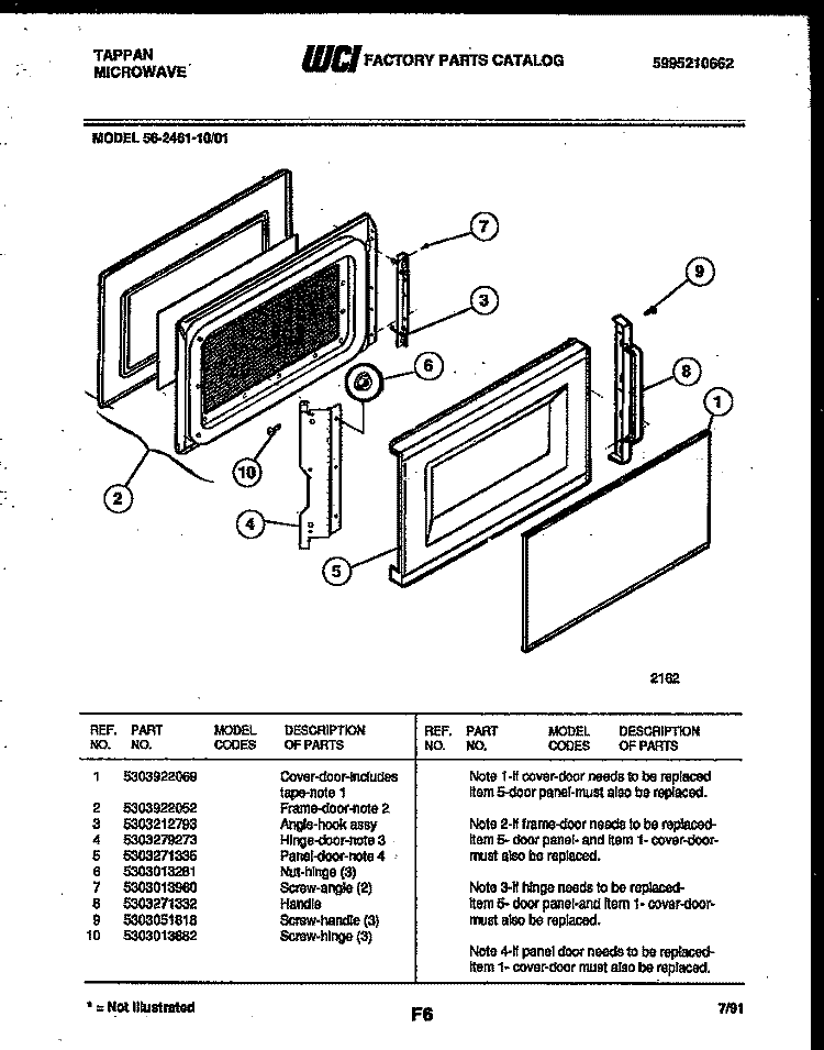 DOOR PARTS Diagram and Parts List for 56-2461-10-01  Tappan Microwave