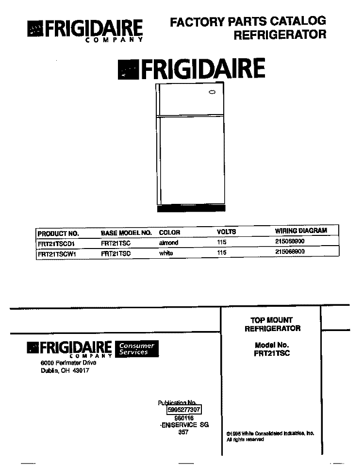 COVER Diagram and Parts List for FRT21TSCD1  Frigidaire Refrigerator