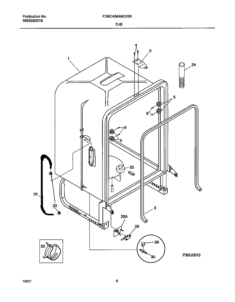TUB Diagram and Parts List for FDBC45BAS0  Frigidaire Dishwasher