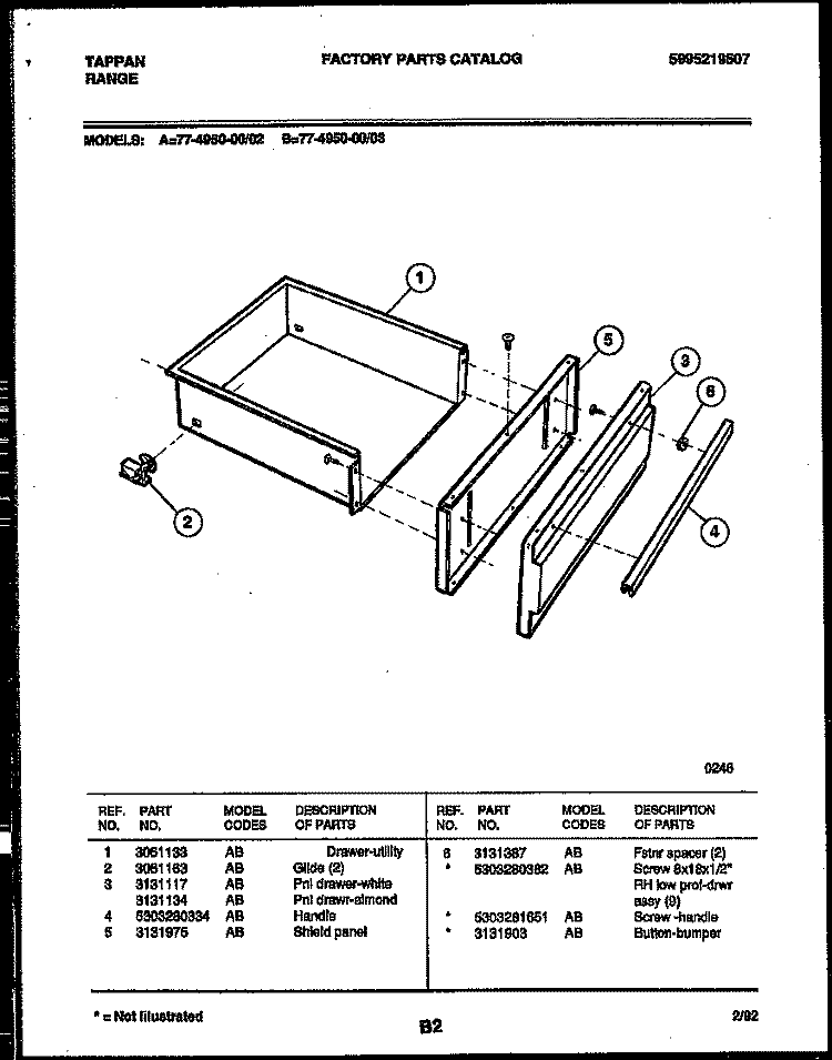 DRAWER PARTS Diagram and Parts List for 77-4950-00-03  Tappan Range