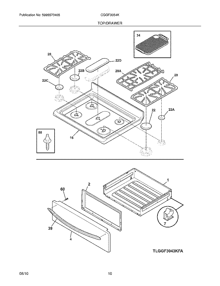 TOP/DRAWER Diagram and Parts List for CGGF3054KBF  Frigidaire Range