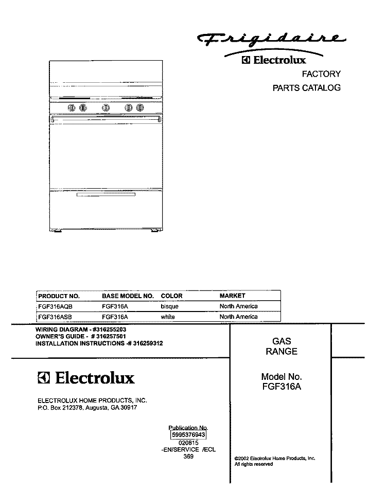 COVER Diagram and Parts List for FGF316AQB  Frigidaire Range