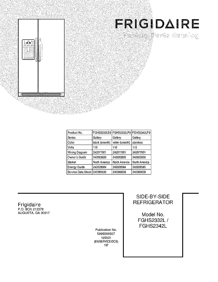 COVER Diagram and Parts List for FGHS2332LE0  Frigidaire Refrigerator