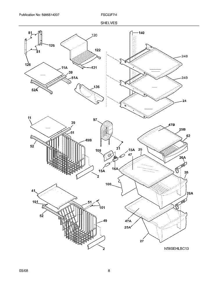 SHELVES Diagram and Parts List for FSC23F7HB7  Frigidaire Refrigerator