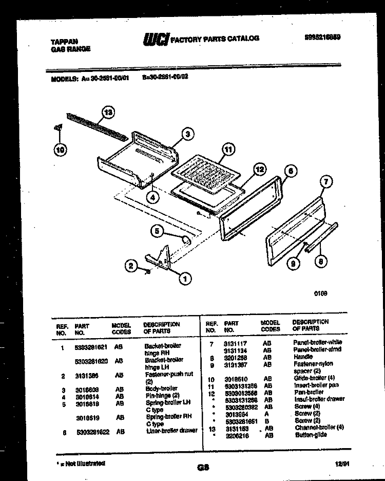 BROILER DRAWER PARTS Diagram and Parts List for 30-2551-23-01  Tappan Range