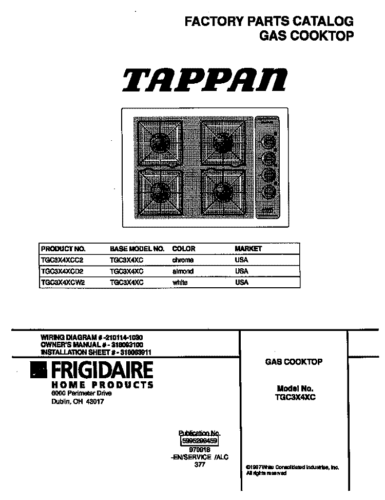 COVER Diagram and Parts List for TGC3X4XCC2  Tappan Cooktop