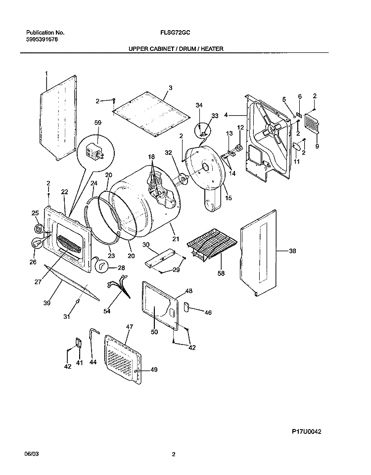 UPPER CABINET / DRUM / HEATER Diagram and Parts List for FLSG72GCSC  Frigidaire Washer Dryer Combo