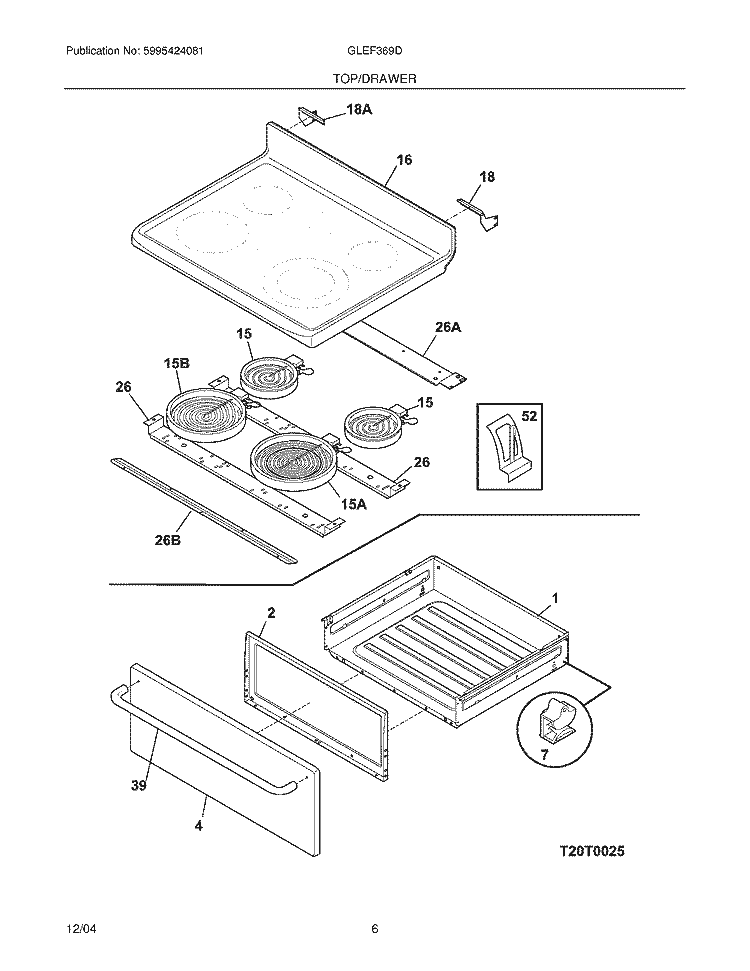 TOP / DRAWER Diagram and Parts List for GLEF369DCC  Frigidaire Range
