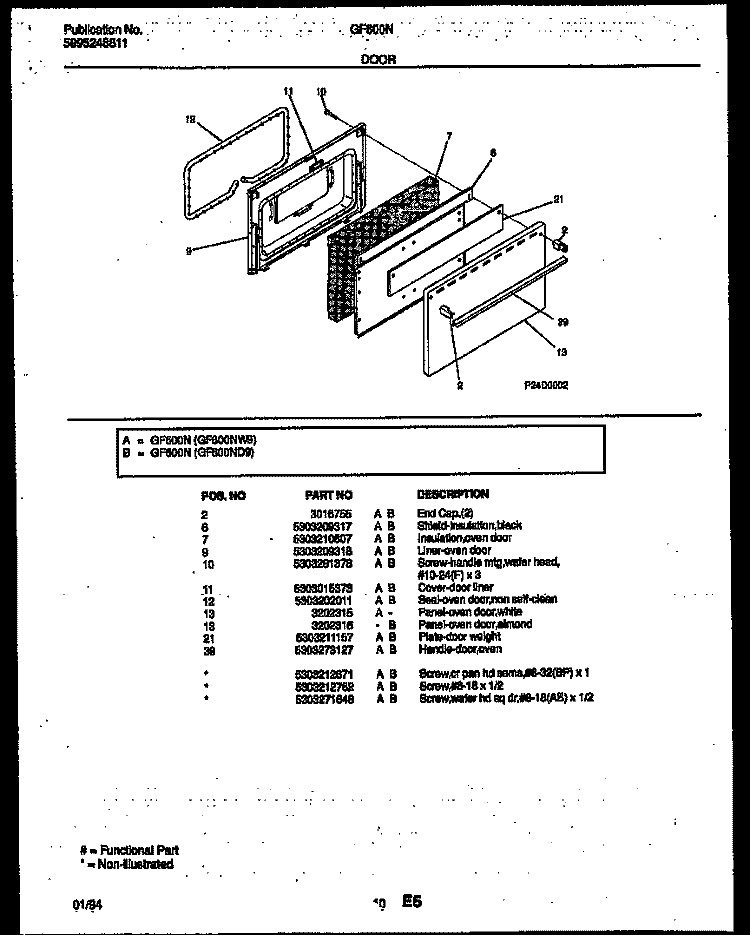 DOOR PARTS Diagram and Parts List for GF600ND9  Frigidaire Range