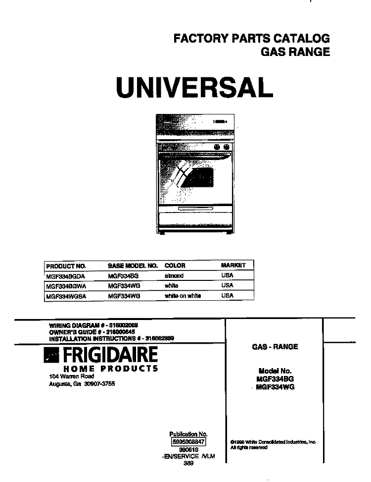 COVER Diagram and Parts List for MGF334BGDA  Frigidaire Range