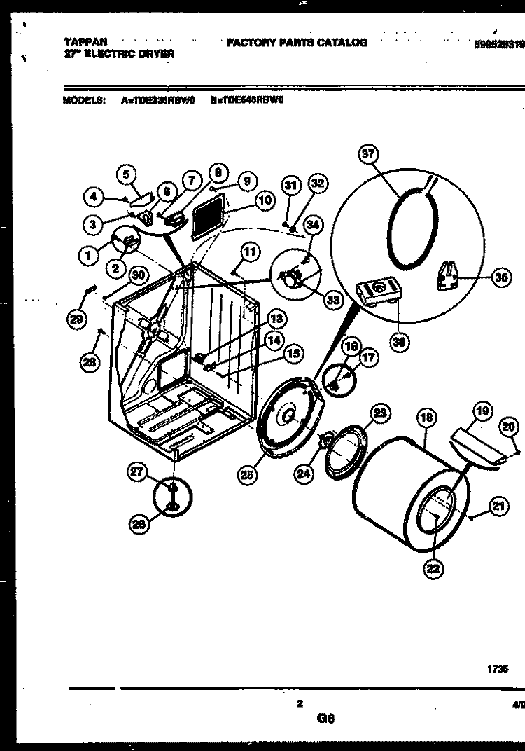 CABINET AND COMPONENT PARTS Diagram and Parts List for TDE336RBW0  Tappan Dryer