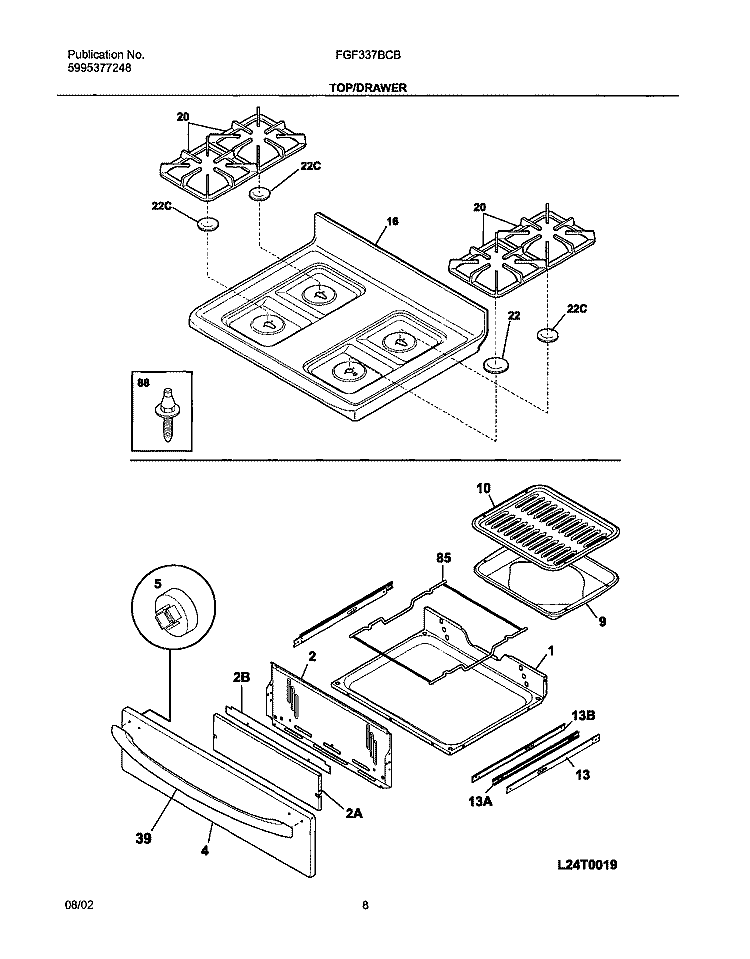 TOP / DRAWER Diagram and Parts List for FGF337BCB  Frigidaire Range