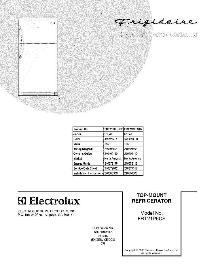 COVER Diagram and Parts List for FRT21P6CSB2  Frigidaire Refrigerator