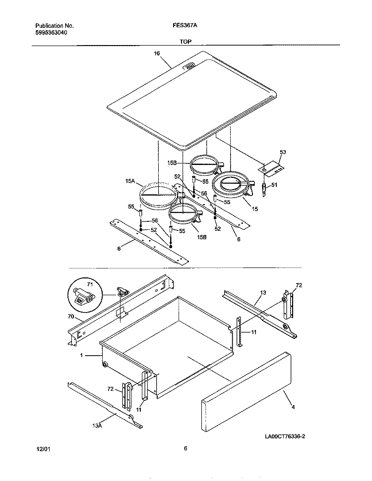 TOP / DRAWER Diagram and Parts List for FES367AQB  Frigidaire Range
