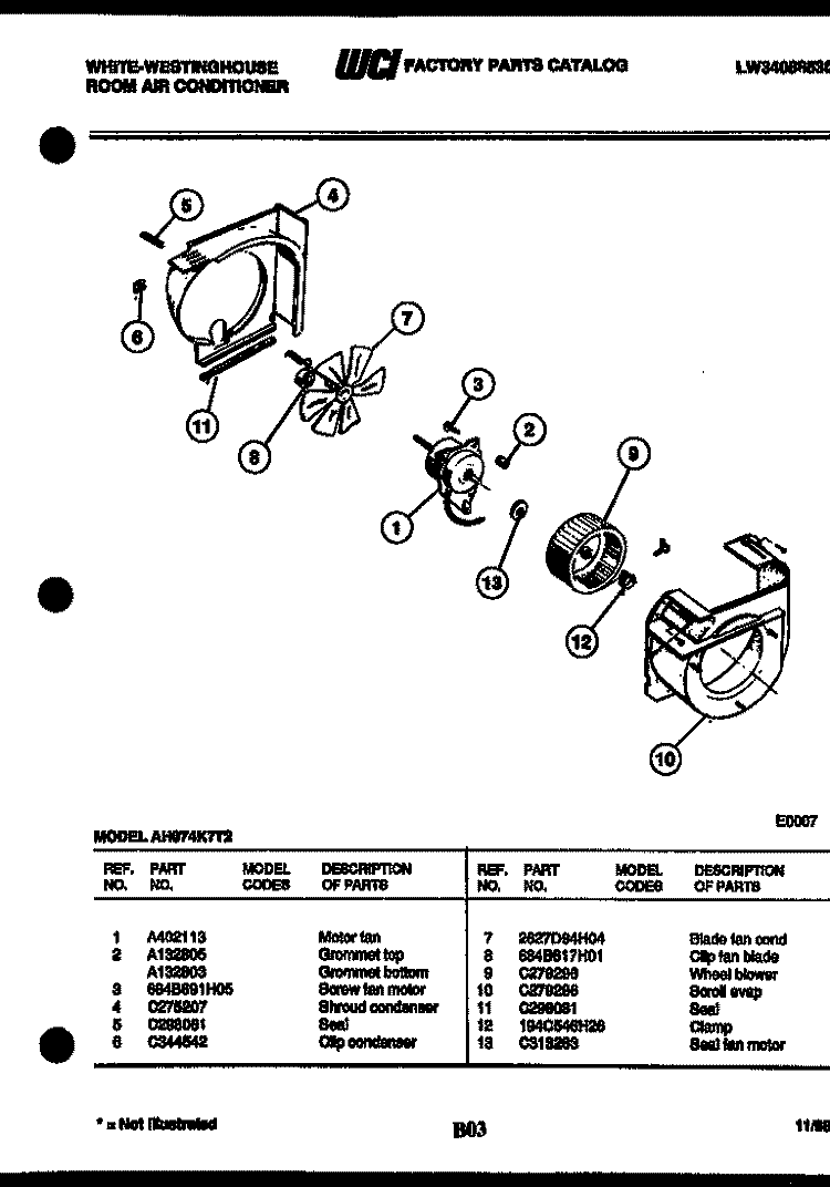 AIR HANDLING PARTS Diagram and Parts List for AH074K7T3  Frigidaire Air Conditioner