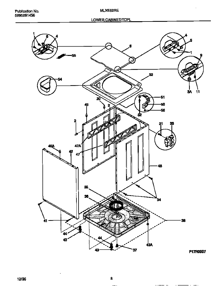 LOWER CABINET / TOP Diagram and Parts List for MLXE62REW2  Frigidaire Washer Dryer Combo