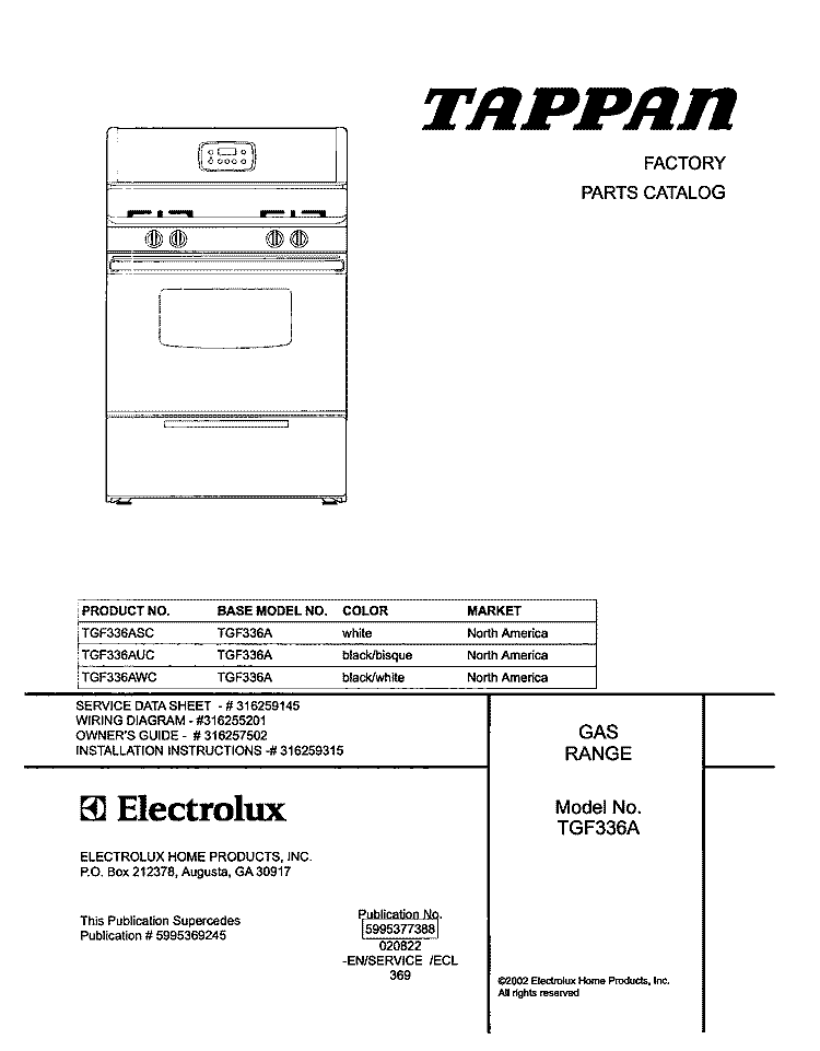 COVER Diagram and Parts List for TGF336AWC  Tappan Range