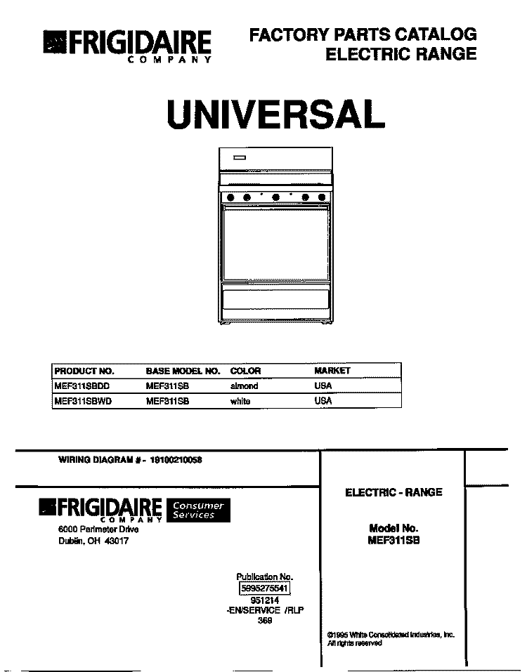 COVER Diagram and Parts List for MEF311SBWD  Frigidaire Range