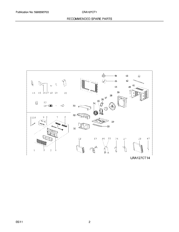 RECOMMENDED SPARE PARTS Diagram and Parts List for CRA127CT14  Frigidaire Air Conditioner