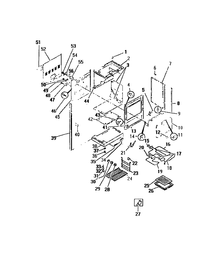LOWER OVEN, FRAME, SHELVES, ELEMENT Diagram and Parts List for REG638ML7  Frigidaire Range