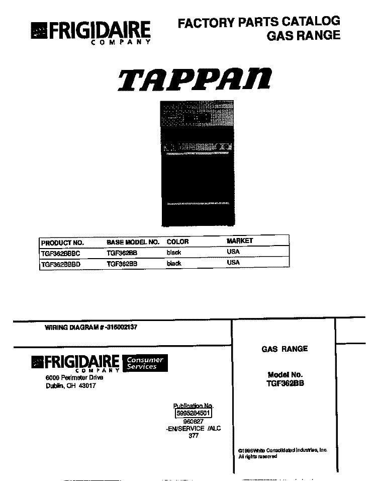 COVER Diagram and Parts List for TGF362BBBD  Tappan Range