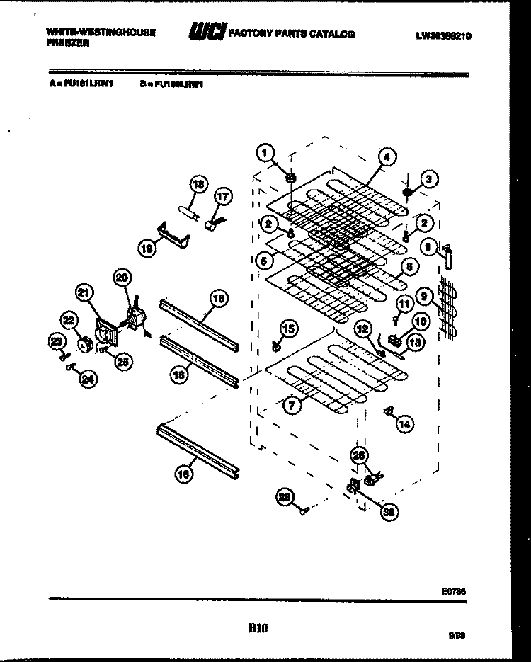 SHELVES AND SUPPORTS Diagram and Parts List for FU168LRW1  Frigidaire Freezer