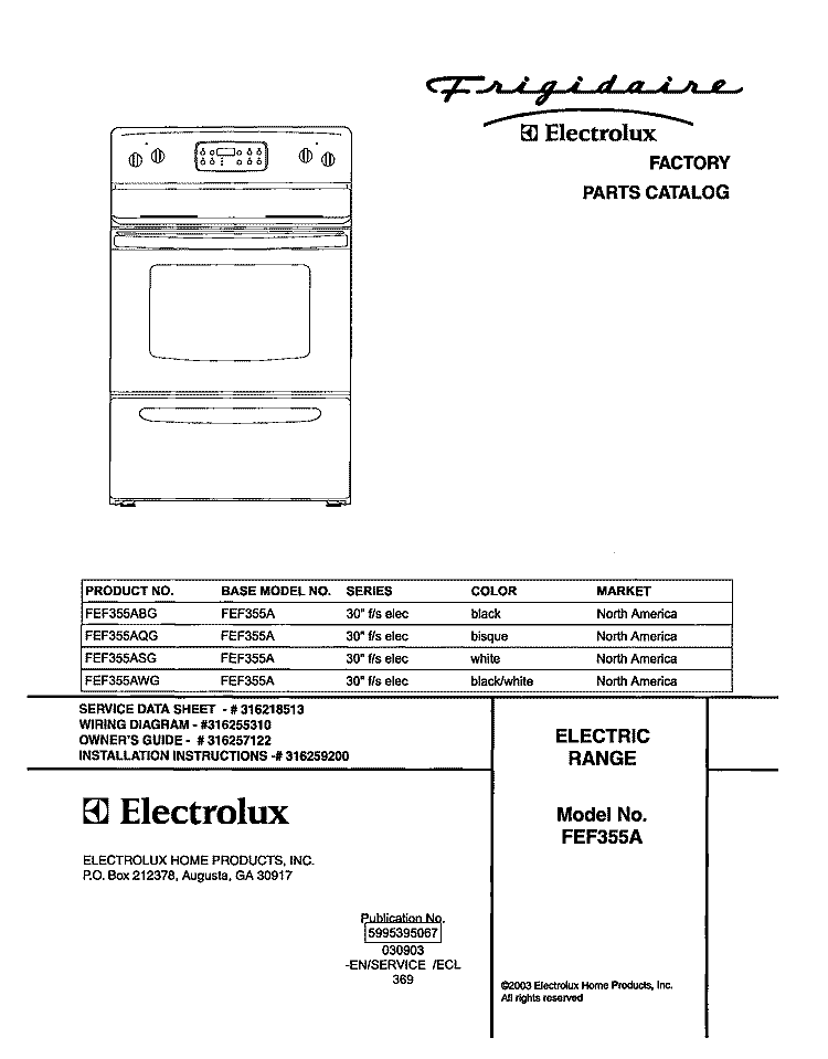 COVER Diagram and Parts List for FEF355AWG  Frigidaire Range