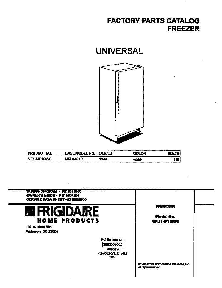 COVER Diagram and Parts List for MFU14F1GW0  Frigidaire Freezer