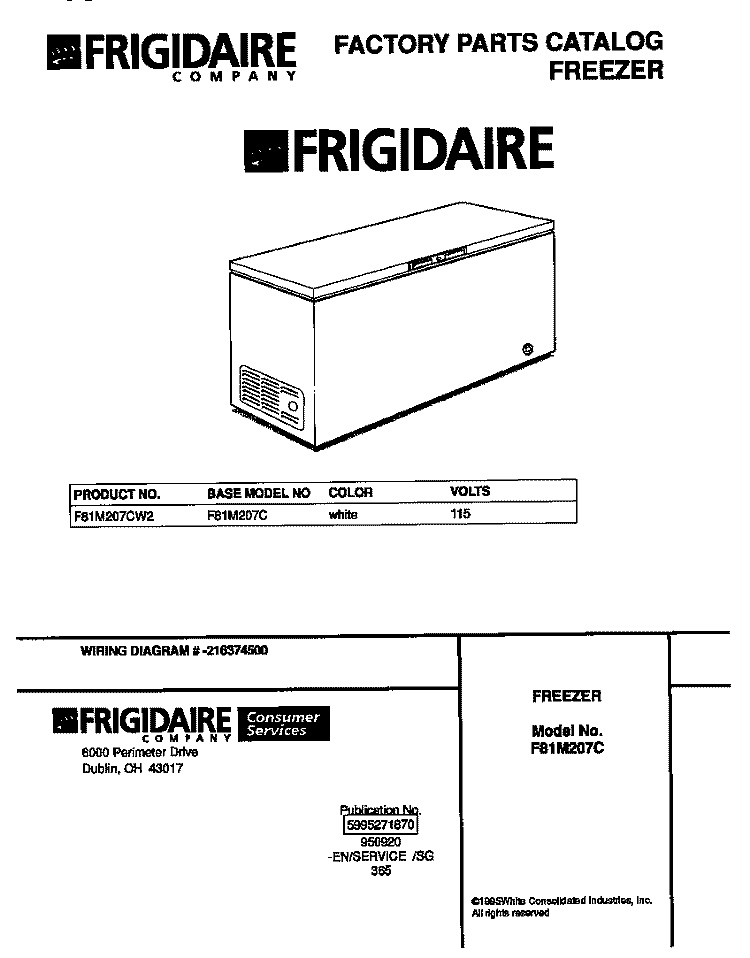 COVER Diagram and Parts List for F81M207CW2  Frigidaire Freezer