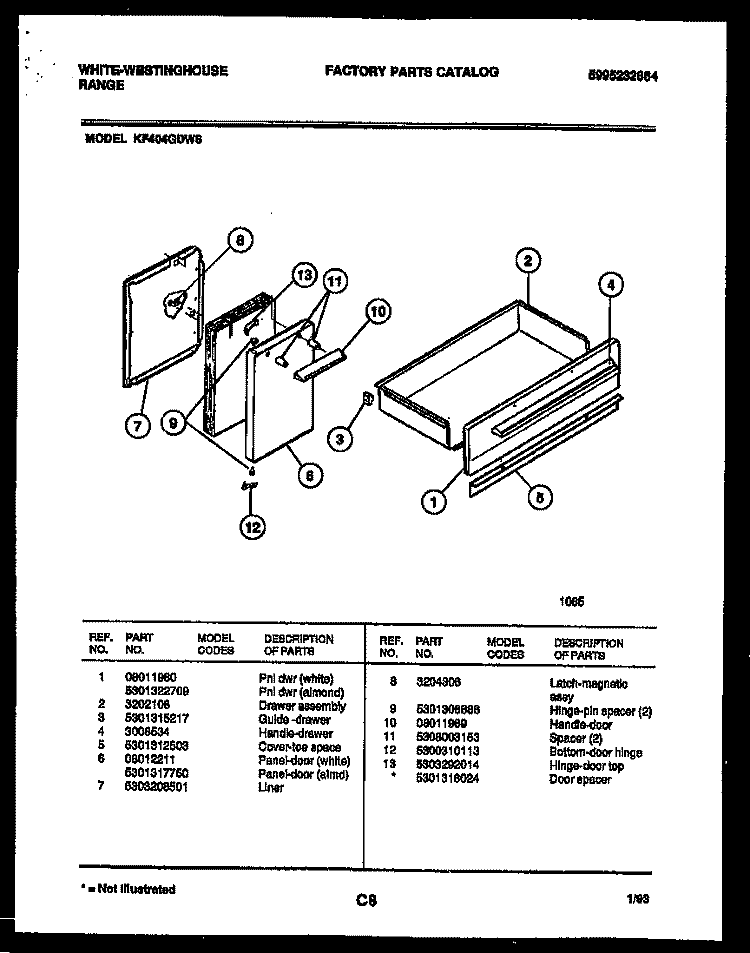 DOOR AND DRAWER PARTS Diagram and Parts List for KF404GDW6  Frigidaire Range