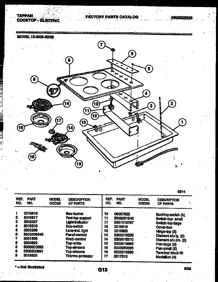 ELECTRIC SMOOTH TOP Diagram and Parts List for 13-3028-00-02  Tappan Cooktop