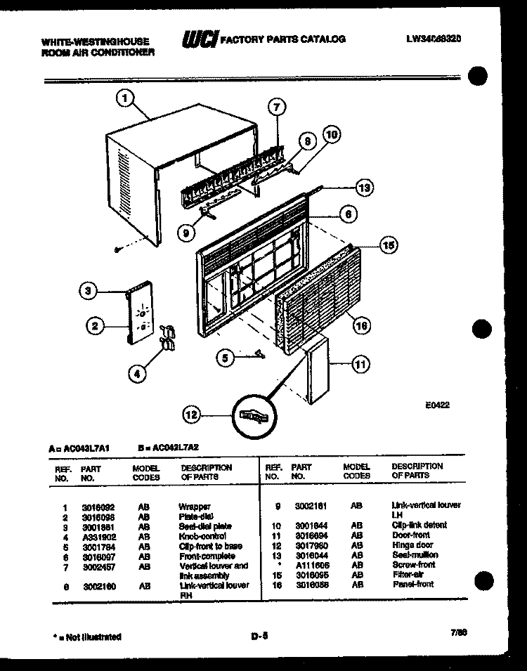 AIR HANDLING PARTS Diagram and Parts List for AC043L7A1  Frigidaire Air Conditioner